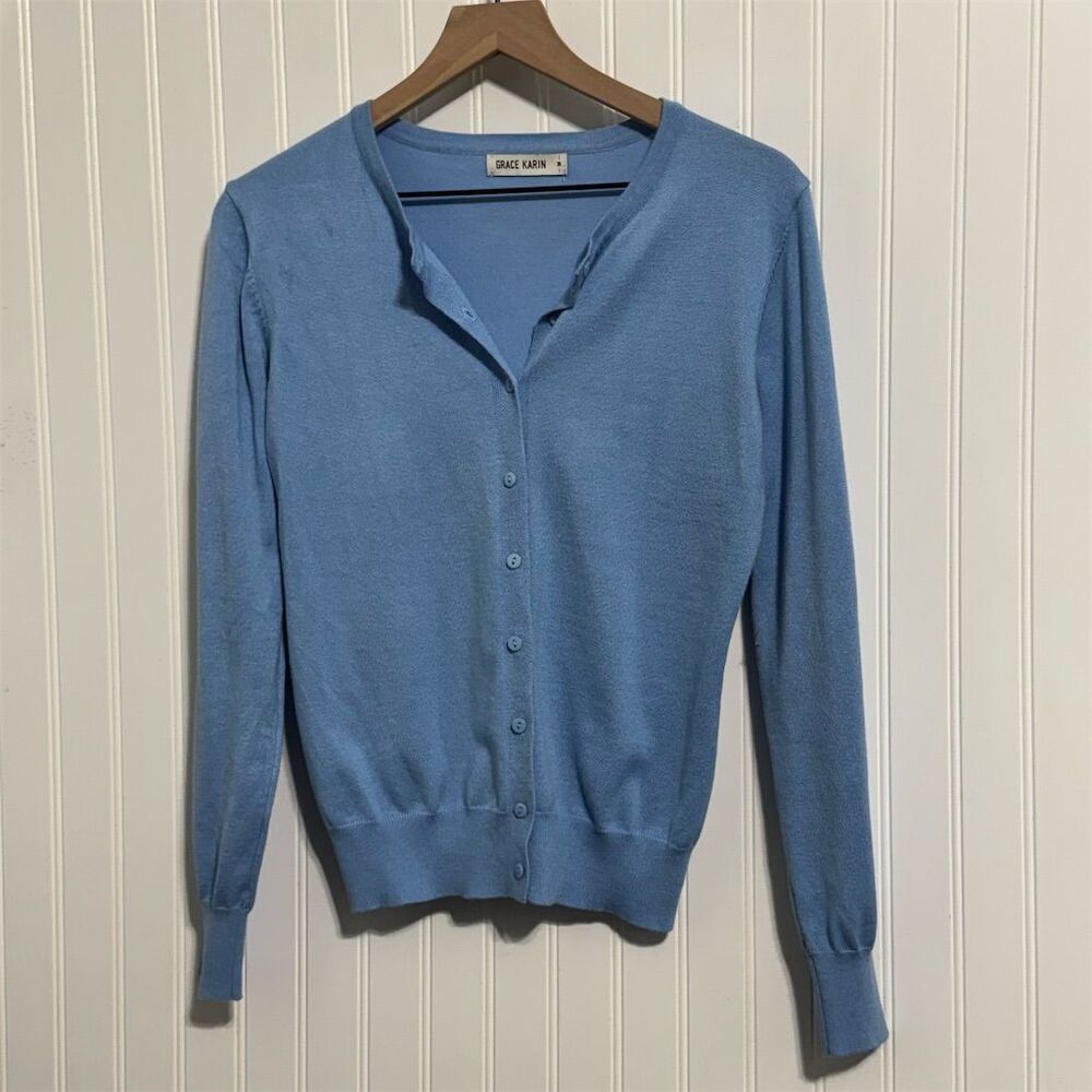 Grace Karin Light Blue Cardigan M‎ Fitted Knit Balletcore Academia Button Top